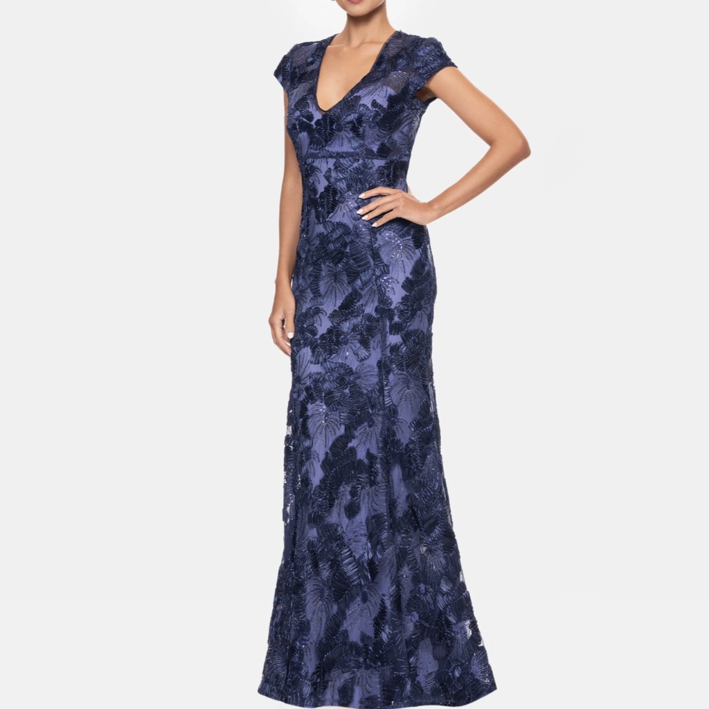 Betsy & Adam Navy Blue Floral Lace V-Neck Cap Sleeve Evening Gown